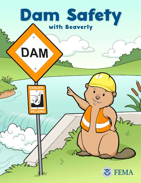 Dam Safety with Beaverly coloring book cover. Illustrated beaver points to a dam