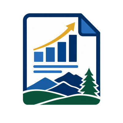 Annual report icon featuring a blue outlined document with a rising gold arrow and bar chart above stylized blue mountains, green hills, and an evergreen tree.